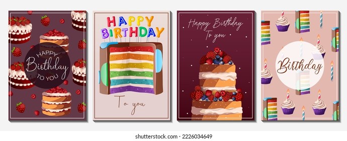 Set of posters. Vector illustration of Birthday cards templates with cakes and text Happy Birthday isolated on white. Birthday party, invitation, print, greeting card, banner concept.