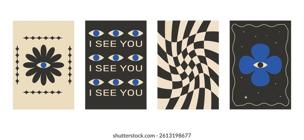 Set of posters. Vector illustration. Isolated white background. Chessboard and eyes. Dark and blue colors	
