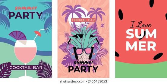 Conjunto de carteles Ilustración vectorial Fiesta de verano hojas tropicales y palmeras de fondo de verano color de volante de Anuncio