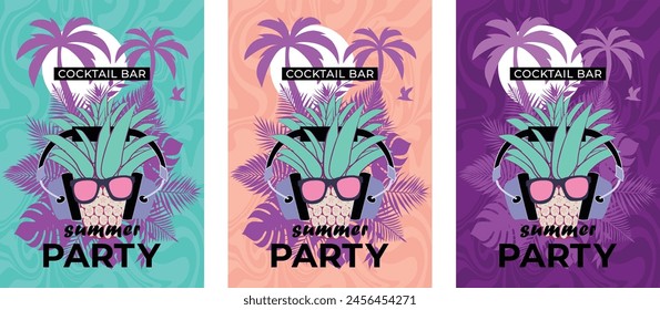 Set posters vector illustration Summer party tropical leaves and palm trees summer time background banner flyer color