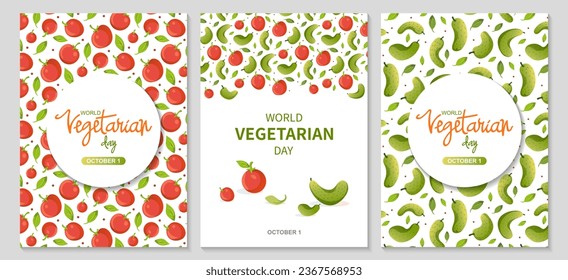 Legen Sie Poster mit Gemüse an. Weltes vegetarisches Tagesschreiben. Nahtlose Gurken und Tomatenmuster für den Hintergrund. Vektorflache Illustration. Hervorragende Geschenkkarte.