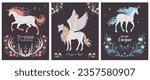 Set of posters or vertical banners about fantastic horses flat style, vector illustration isolated on white background. Decorative designs with text collection, unicorns with flowers, winged horse