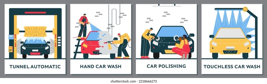 Set of posters or vertical banners about car washing service flat style, vector illustration isolated on gray background. Hand car wash, polishing and automatic tunnel