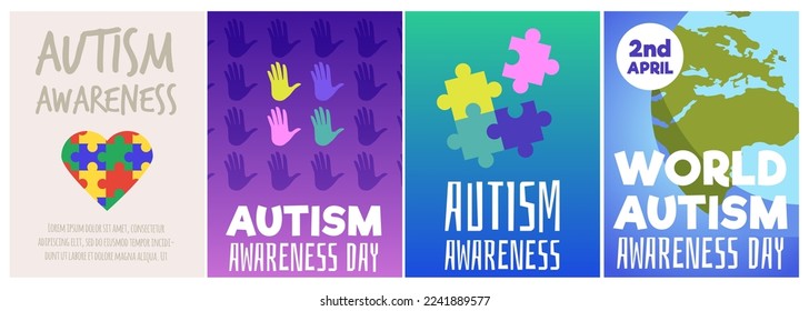 Set of posters or vertical banners about autism awareness flat style, vector illustration isolated on white background. World day, place for text, design template