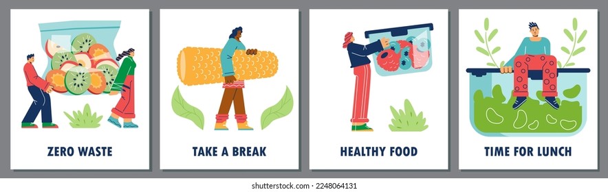 Set of posters of vertical banners about container food people flat style, vector illustration isolated on gray background. Storage, men and women with huge products, zero waste