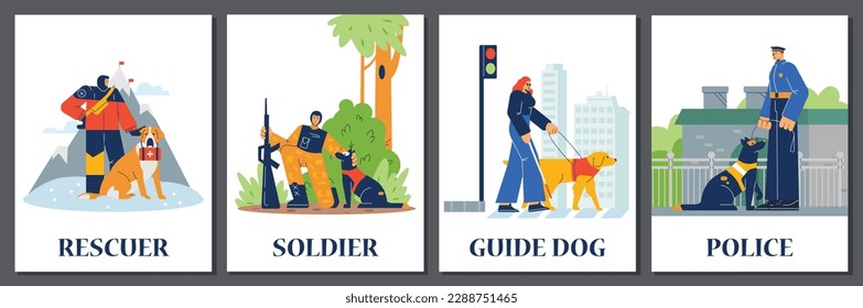 Set of posters or vertical banners about various assistance dogs flat style, vector illustration isolated on gray background. Rescuer, soldier and police helping, guide dig