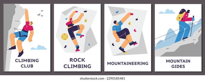 Conjunto de afiches o banners verticales sobre escaladores de estilo plano, ilustración vectorial aislada en fondo gris. Hobby y deporte profesional, gente activa, rocas y montañas