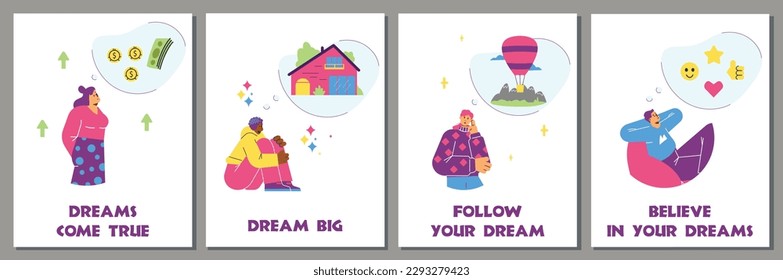 Conjunto de afiches o banners verticales sobre el estilo plano de la gente soñadora, ilustración vectorial aislada en fondo gris. Nubes de pensamiento, visualización, éxito y dinero