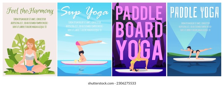 Set von Plakaten oder vertikalen Bannern über den klassischen Yoga-, Tasse- und Paddelstil, Vektorgrafik einzeln auf weißem Hintergrund. Gesundheit und Schönheit, Harmonie, Meditationen