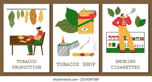 Set of posters or vertical banners about tobacco industry flat style, vector illustration isolated on brown background. Production, shop and smoking, people, decorative designs