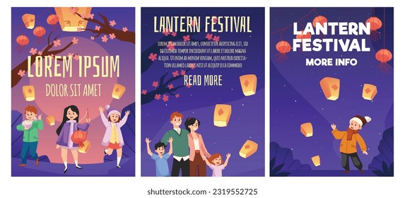Set of posters or vertical banners about Lantern Festival flat style, vector illustration isolated on white background. Happy kids and families, decorative design with place for text, celebration