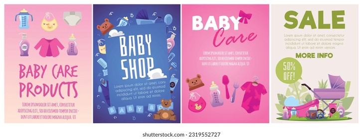 Set of posters or vertical banners about baby care products flat style, vector illustration isolated on white background. Decorative designs collection, shop and sale, baby accessories