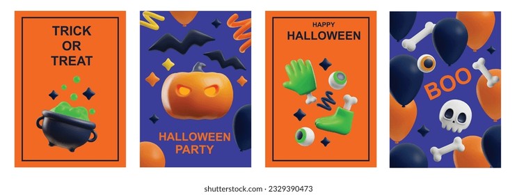 Set of posters or vertical banners about Happy Halloween 3D style, vector illustration isolated on white background. Holiday decorative design collection, eyeballs, pumpkin, skull and bones