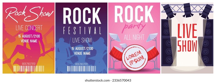 Set of posters or vertical banners about rock concert flat style, vector illustration isolated on white background. Decorative advertising designs, party and festival, live show, announcement