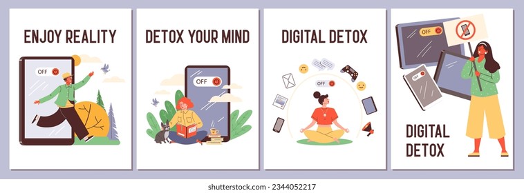 Set of posters or vertical banners about digital detox flat style, vector illustration isolated on purple background. Decorative designs collection, happy people enjoy reality, mental health