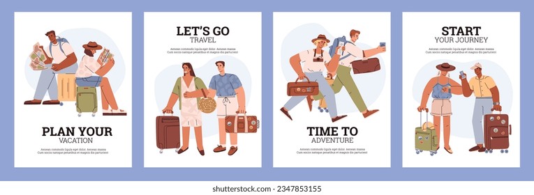 Set of posters or vertical banners about people vacation flat style, vector illustration isolated on blue background. Men and women with suitcases, adventure and journey, decorative designs