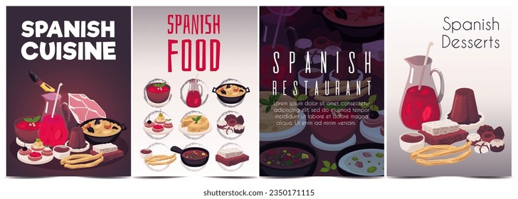 Set of posters or vertical banners about Spanish traditional food flat style, vector illustration isolated on white background. Decorative designs collection, national cuisine, tasty dishes