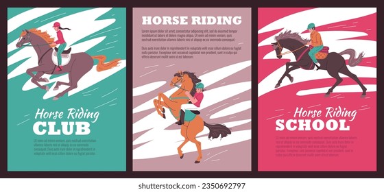 Set of posters or vertical banners about horse riding club flat style, vector illustration isolated on dark background. Decorative designs with place for text collection, happy children riding