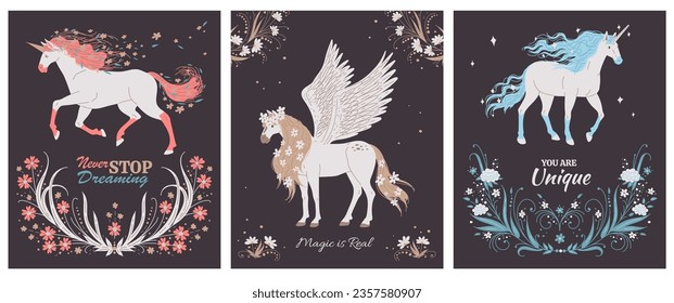 Set of posters or vertical banners about fantastic horses flat style, vector illustration isolated on white background. Decorative designs with text collection, unicorns with flowers, winged horse