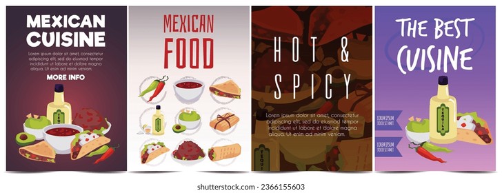 Set of posters or vertical banners about Mexican cuisine flat style, vector illustration isolated on white background. Decorative designs with text collection, traditional Mexican food