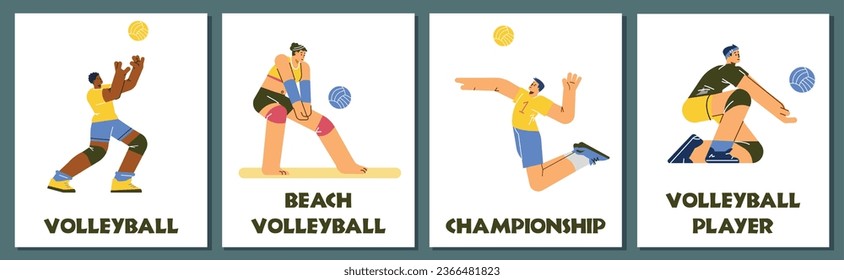 Set of posters or vertical banners about volleyball game flat style, vector illustration isolated on blue background. Decorative designs with texts collection, young happy players, emotional people