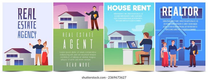 Set of posters or vertical banners about realtors flat style, vector illustration isolated on white background. Decorative designs collection, real estate agency, house rent and purchase, property