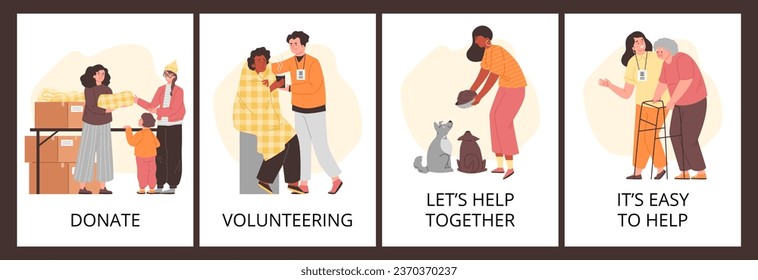 Set of posters or vertical banners about volunteers helping flat style, vector illustration isolated on brown background. Decorative designs with texts collection, people help to elderly, animals