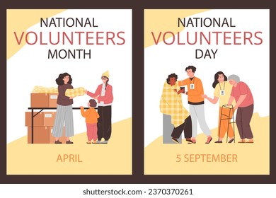 Set of posters or vertical banners about National Volunteers Day and Month flat style, vector illustration isolated on brown background. Decorative designs, volunteers helping, care and kindness