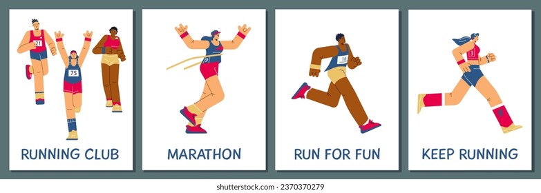 Set von Plakaten oder vertikalen Bannern über Marathonläufer flach, Vektorgrafik einzeln auf grauem Hintergrund. Dekorative Designs mit Textsammlung, emotionalen Menschen, Sport und Spaß