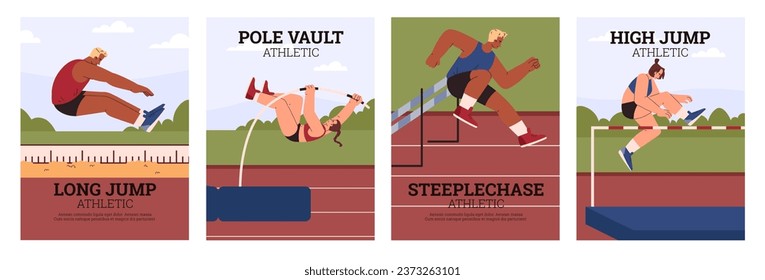 Set of posters or vertical banners about jump sport flat style, vector illustration isolated on white background. Decorative designs collection, night and long jumps, steeplechase and pole vault