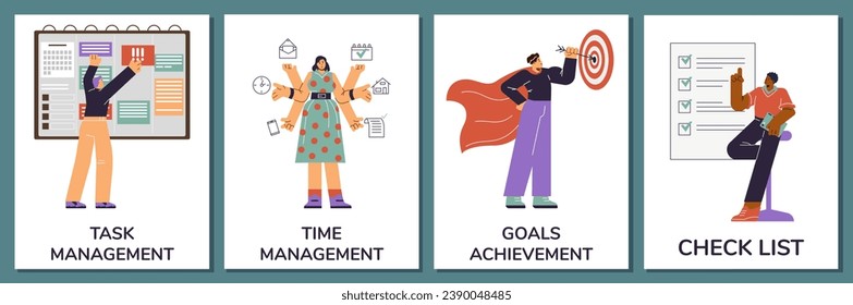 Conjunto de afiches o banners verticales sobre el estilo plano de productividad, ilustración vectorial aislada en fondo turquesa. Gestión de tareas y tiempo, logros en materia de objetivos, personal