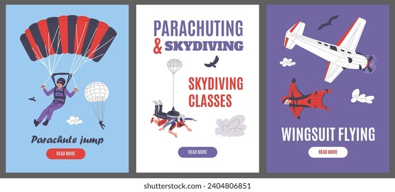 Set of posters or vertical banners about parachuting and skydiving flat style, vector illustration isolated on gray background. Decorative designs collection, classes and adventure