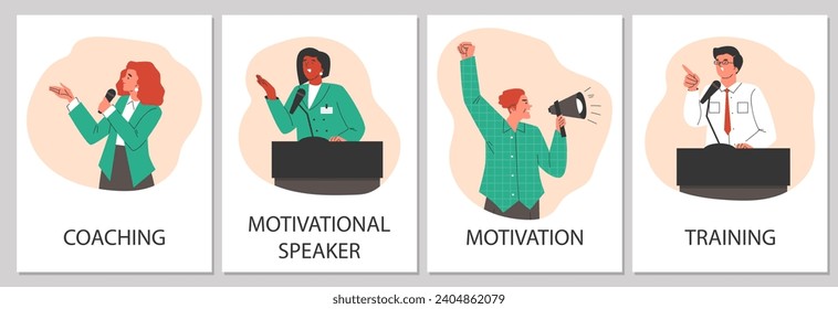 Set von Plakaten oder vertikalen Bannern über Motivation Lautsprecher flach Stil, Vektorgrafik einzeln auf grauem Hintergrund. Dekorative Designkollektion, Coaching und Training, emotionale Menschen