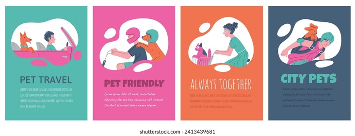 Set of posters or vertical banners about pet transport flat style, vector illustration isolated on white background. Decorative designs with place for text, friends travel together, city and care