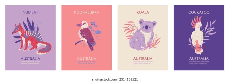 Set of posters or vertical banners with Australian birds and animals flat style, vector illustration isolated on white background. Decorative designs collection, cockatoo and kookaburra, koala