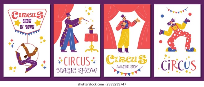 Set of posters or vertical banners with circus performers flat style, vector illustration isolated on purple background. Acrobat, clown and magician characters, decorative design, circus show