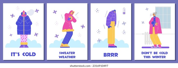 Set of posters or vertical banners with freezing people flat style, vector illustration isolated on purple background. Shivering with cold characters at home and outdoor, season, weather