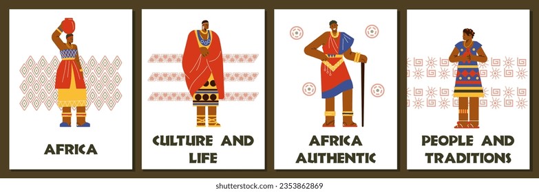 Set of posters or vertical banners with tribal African people flat style, vector illustration isolated on brown background. Culture and traditions, people in national costumes with ornaments