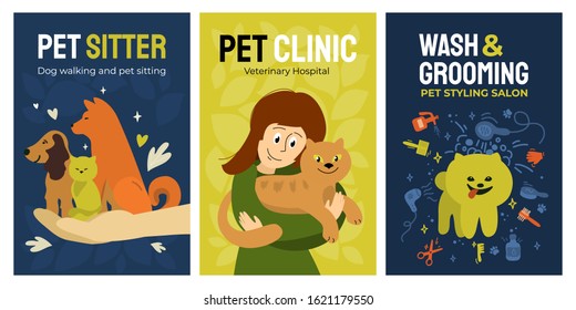 Set of posters for vet clinic, dog walking and pet sitting service, wash and grooming salon, veterinary hospital. Vector illustrations with dogs, cute girl hugging cat. Design for banner, flyer, cover