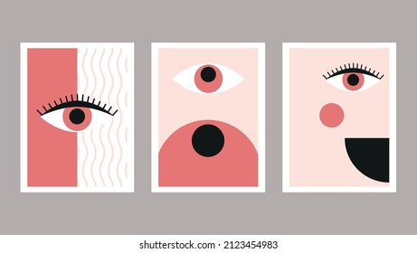 Conjunto de afiches en un estilo mínimo vintage. Ilustraciones vectoriales con formas geométricas y signos oculares