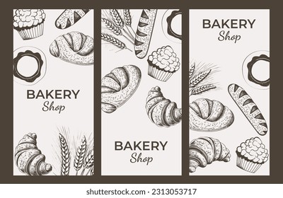 Set of posters in vintage style, baking design. Vector drawing monochromatic drawing on the theme of baking. Poster, flyer, banner template. Design elements