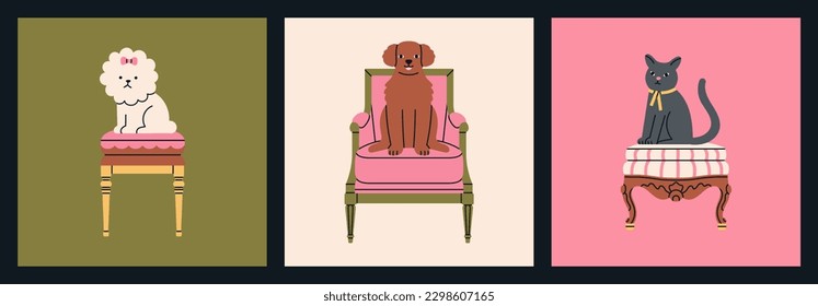 Afiches con sillas de madera vintage, graciosos cachorros y un gato. Diseño lujoso para el concepto de interiores reales o de museo. Ilustración vectorial dibujada a mano, aislada en fondo colorido.