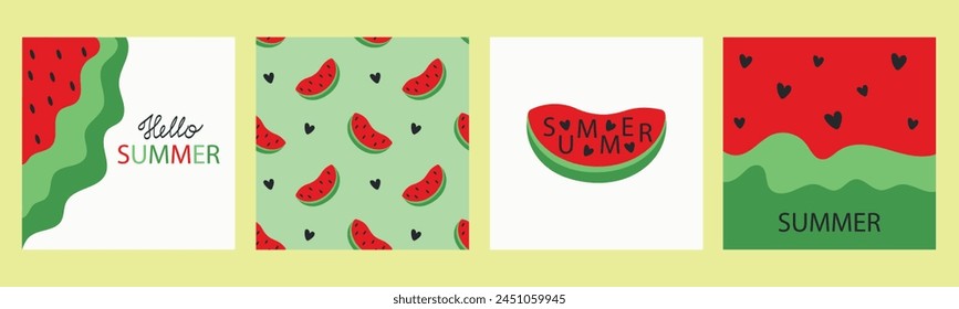Set of posters with watermelons. Creative design for wall decoration. Vector summer illustration for print