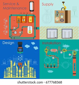 set of posters (web banners) on technical, construction and engineering subjects: automation, fire, plumbing, ventilation, design, installation and maintenance of engineering systems, equipment supply
