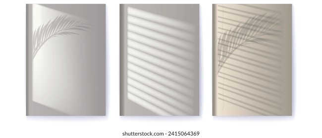 Set of posters. Window and palm leaf shadows on wall midday. Background for product display.