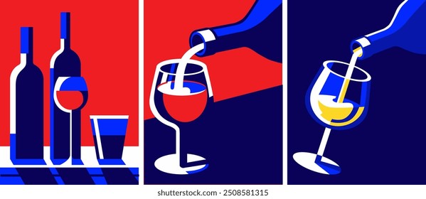 Conjunto de carteles con vino. Abstractas Anuncios estéticos con bebidas alcohólicas, botellas y vasos. Restaurante, cena y concepto de sumiller. Colección de Vector plana.