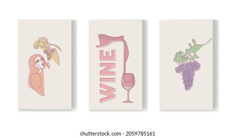 A set of posters of wine, a girl picking grapes, a bunch of grapes. Draw a continuous line.