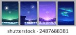 A set of posters with winter landscapes. Aurora over the mountains, night sky, valleys, and forests. Snow drifts, snowfall. Pictures for covers, backgrounds, wallpapers, invitations. Vector images.