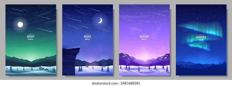 A set of posters with winter landscapes. Aurora over the mountains, night sky, valleys, and forests. Snow drifts, snowfall. Pictures for covers, backgrounds, wallpapers, invitations. Vector images.