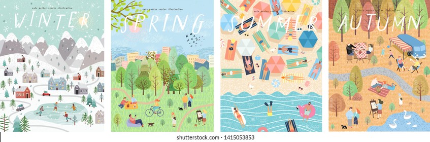 Set of posters for winter, spring, summer and autumn. Cute vector illustration of four seasons. Drawings of people, nature, trees, park and beach